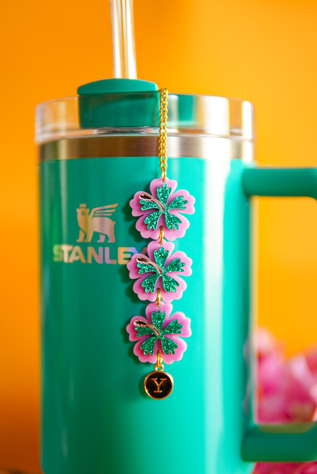 Pink and Teal Hibiscus Tumbler Charm