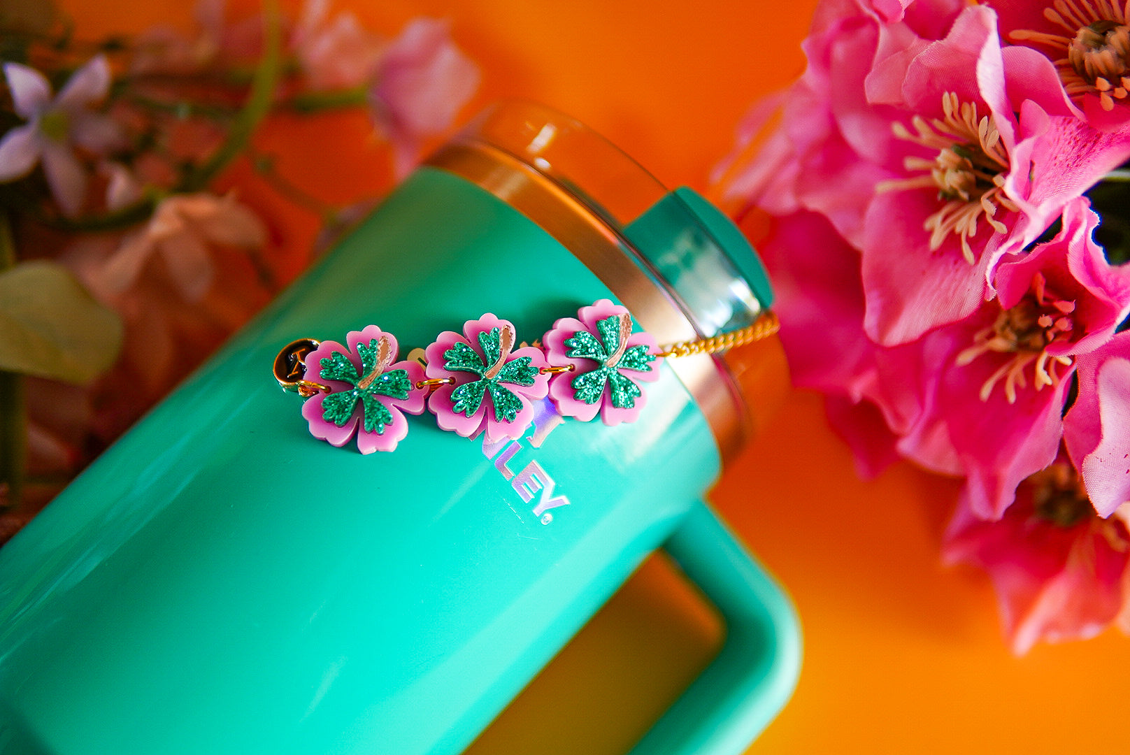 Pink and Teal Hibiscus Tumbler Charm