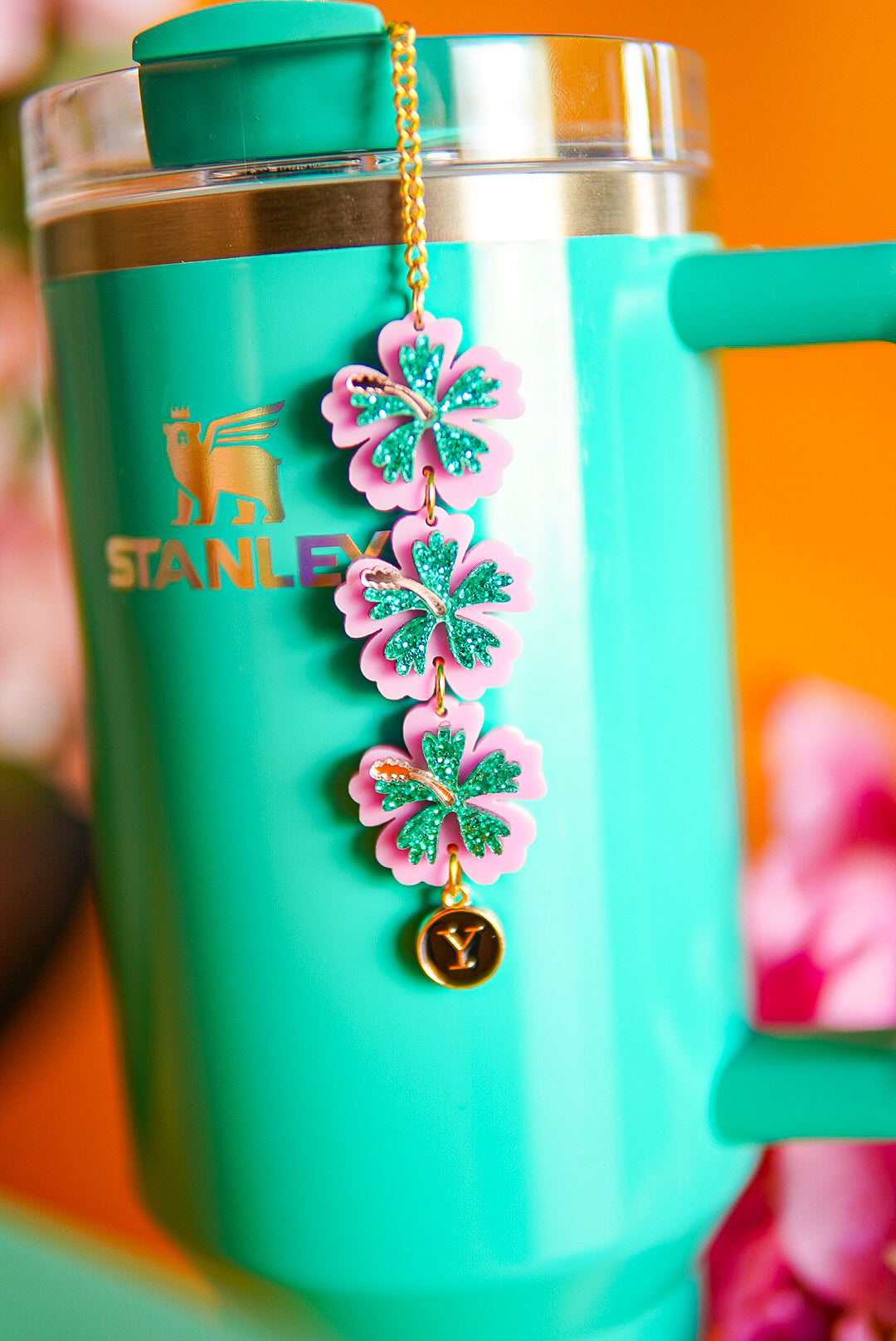 Pink and Teal Hibiscus Tumbler Charm